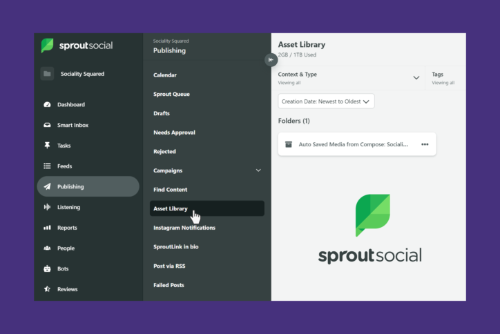 A screenshot of the Sprout Social interface demonstrates the menu navigation needed to access the Sprout Asset Library.